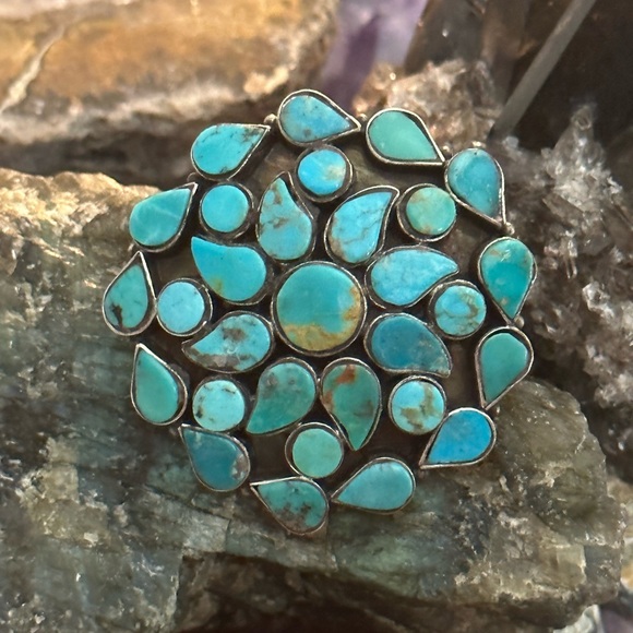 Blue turquoise inlay tile sterling silver statement ring - Picture 3 of 6